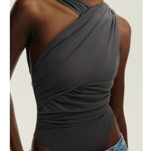 Draped Asymmetric Gray One-Shoulder Bodysuit
